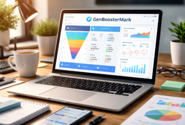 Laptop displaying GenBoosterMark marketing dashboard on a modern office desk with coffee mug, smartphone, and analytics reports