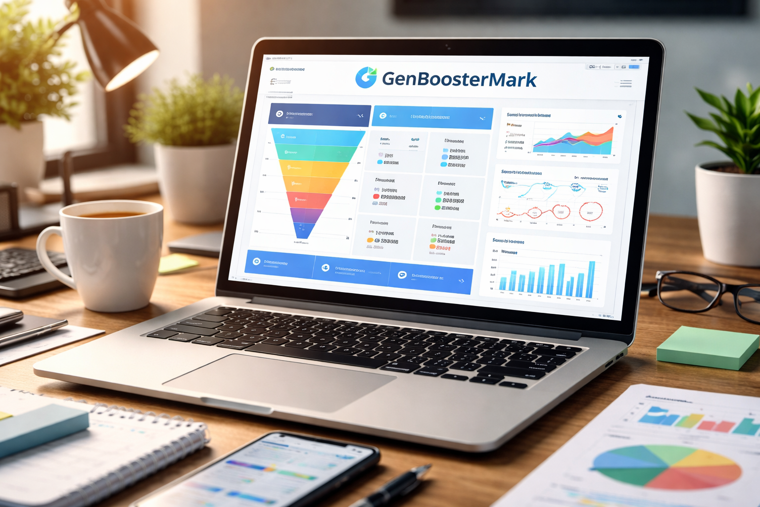 Laptop displaying GenBoosterMark marketing dashboard on a modern office desk with coffee mug, smartphone, and analytics reports